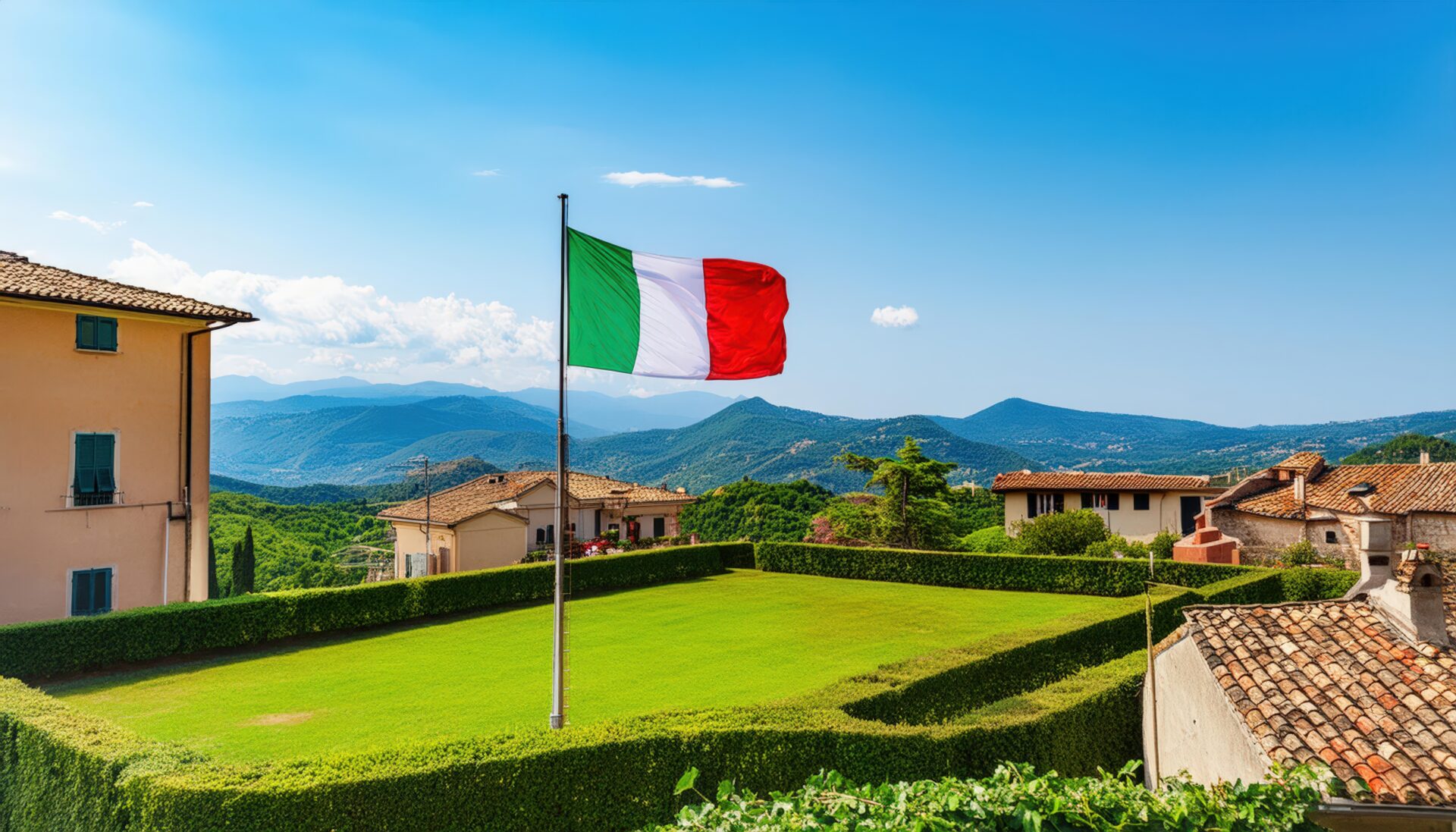 緑豊かな庭と共に掲げられたイタリア国旗