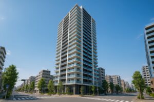 交差点に建つ高層マンションと晴天の街並み