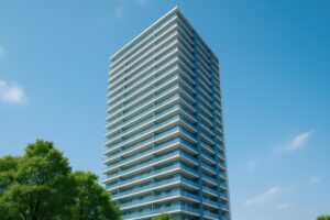 青空を背景にしたモダンな高層マンション