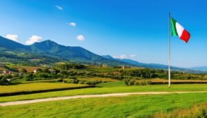広大な平野に立つイタリア国旗