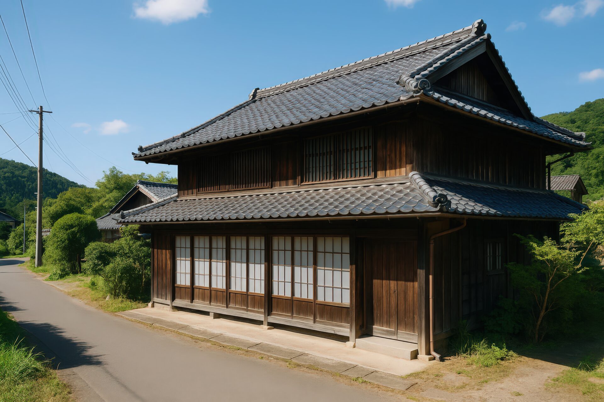 緑に囲まれた伝統的な瓦屋根の木造住宅