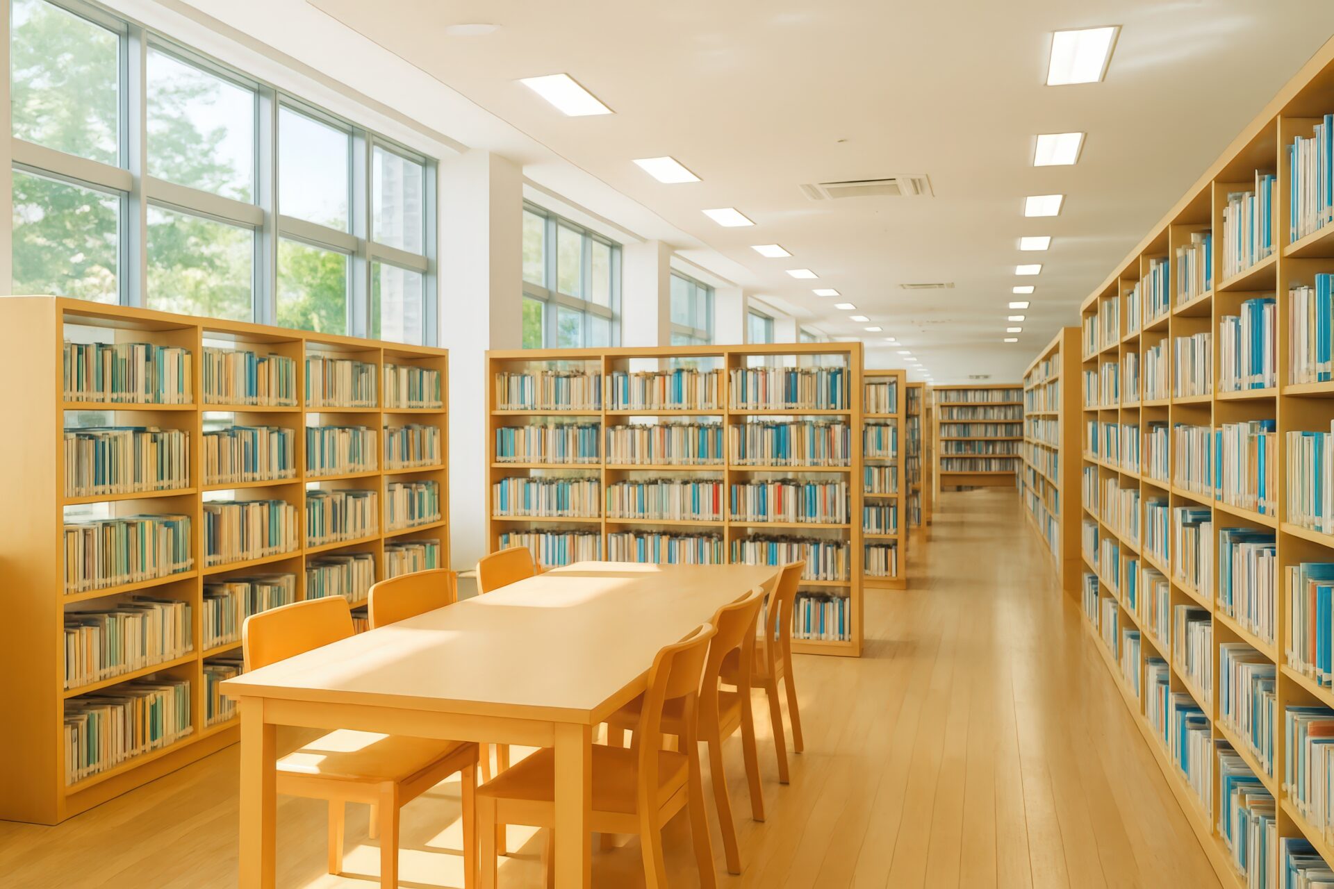 明るい自然光が差し込む図書館の閲覧スペース