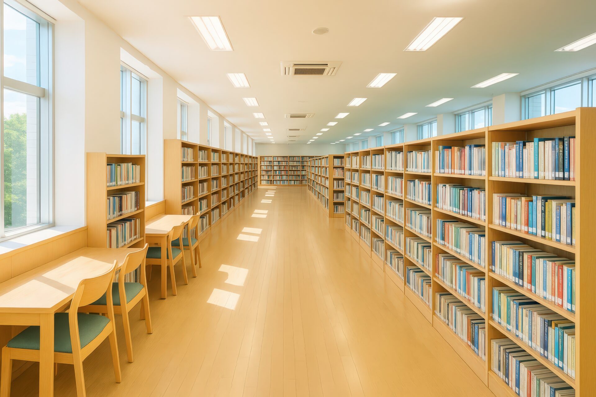 窓際に学習机が並ぶ静かな図書館の通路