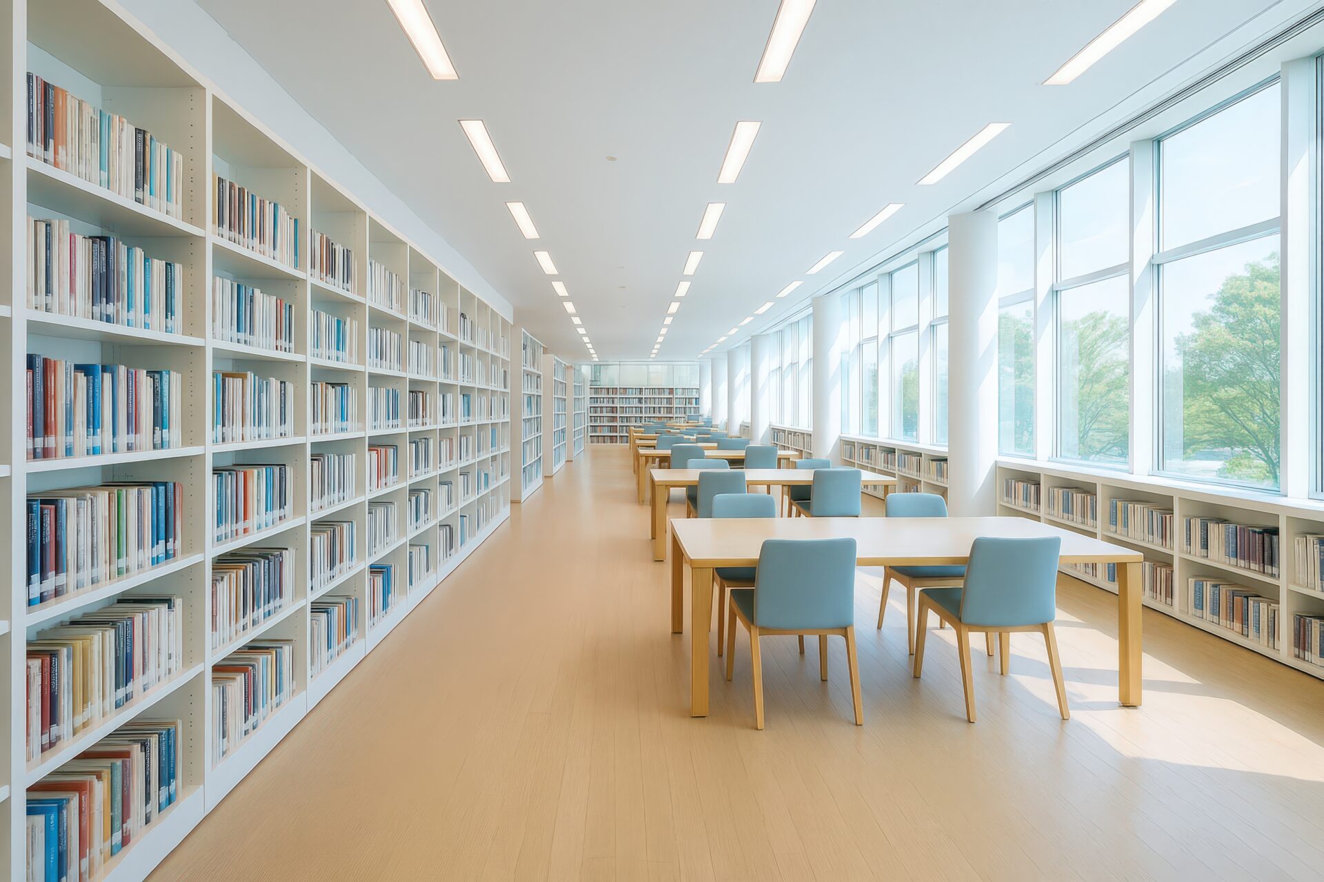 白を基調とした清潔感ある図書館の閲覧室