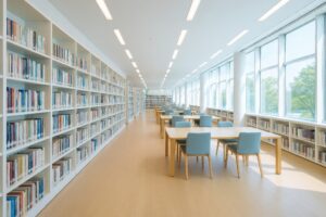 白を基調とした清潔感ある図書館の閲覧室