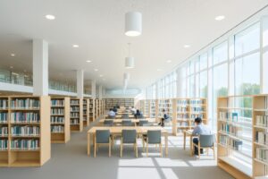学生が学習する開放感のあるモダンな図書館