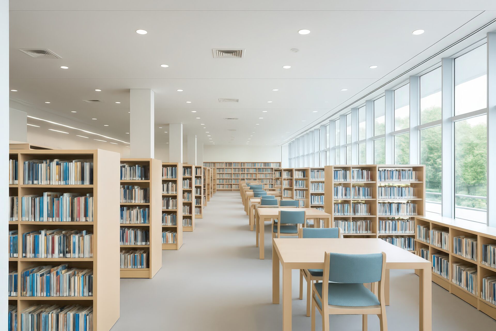 ガラス窓から緑が見える図書館の学習エリア