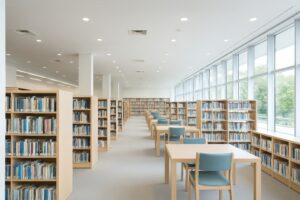 ガラス窓から緑が見える図書館の学習エリア