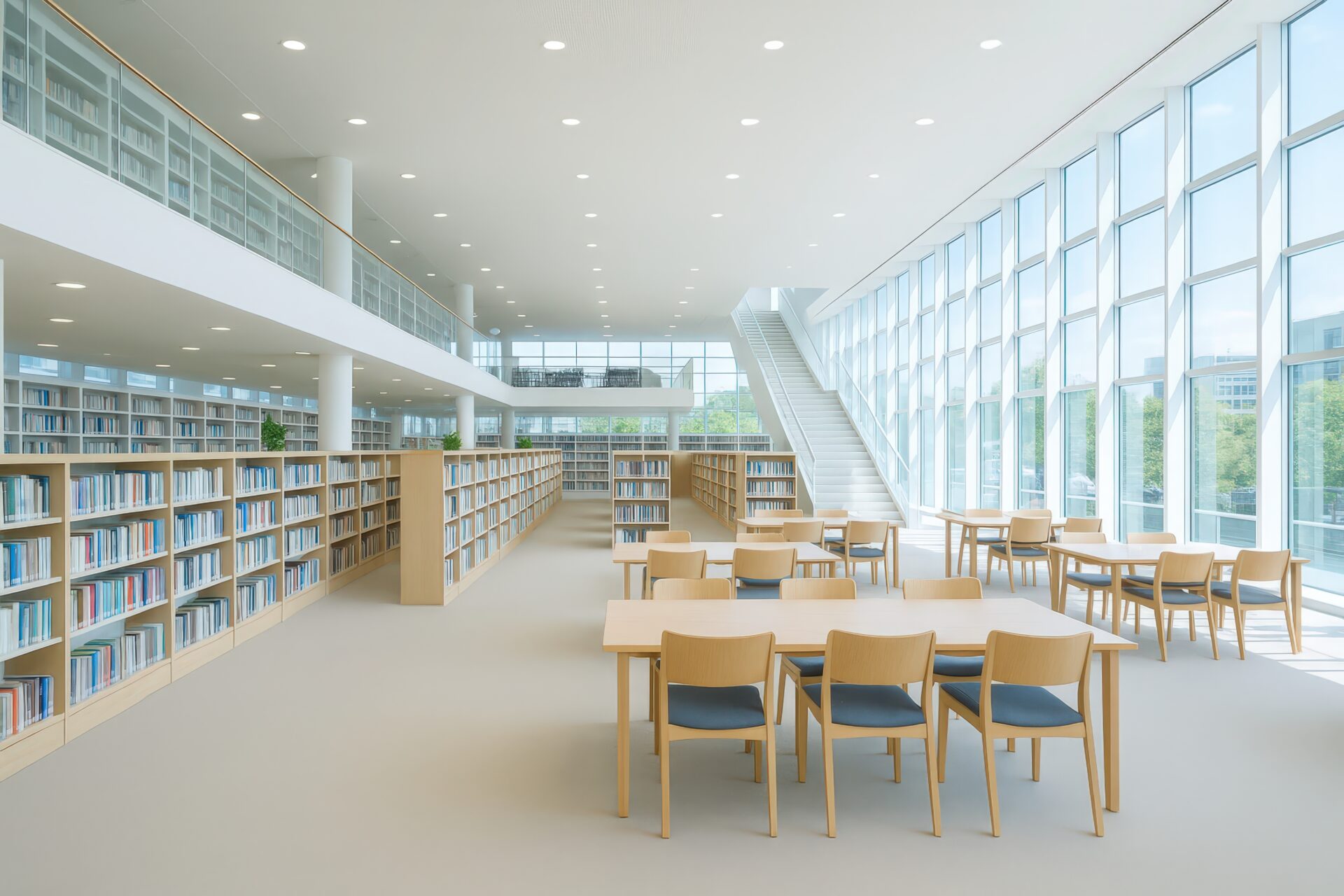 吹き抜けと階段のある広々とした図書館内観