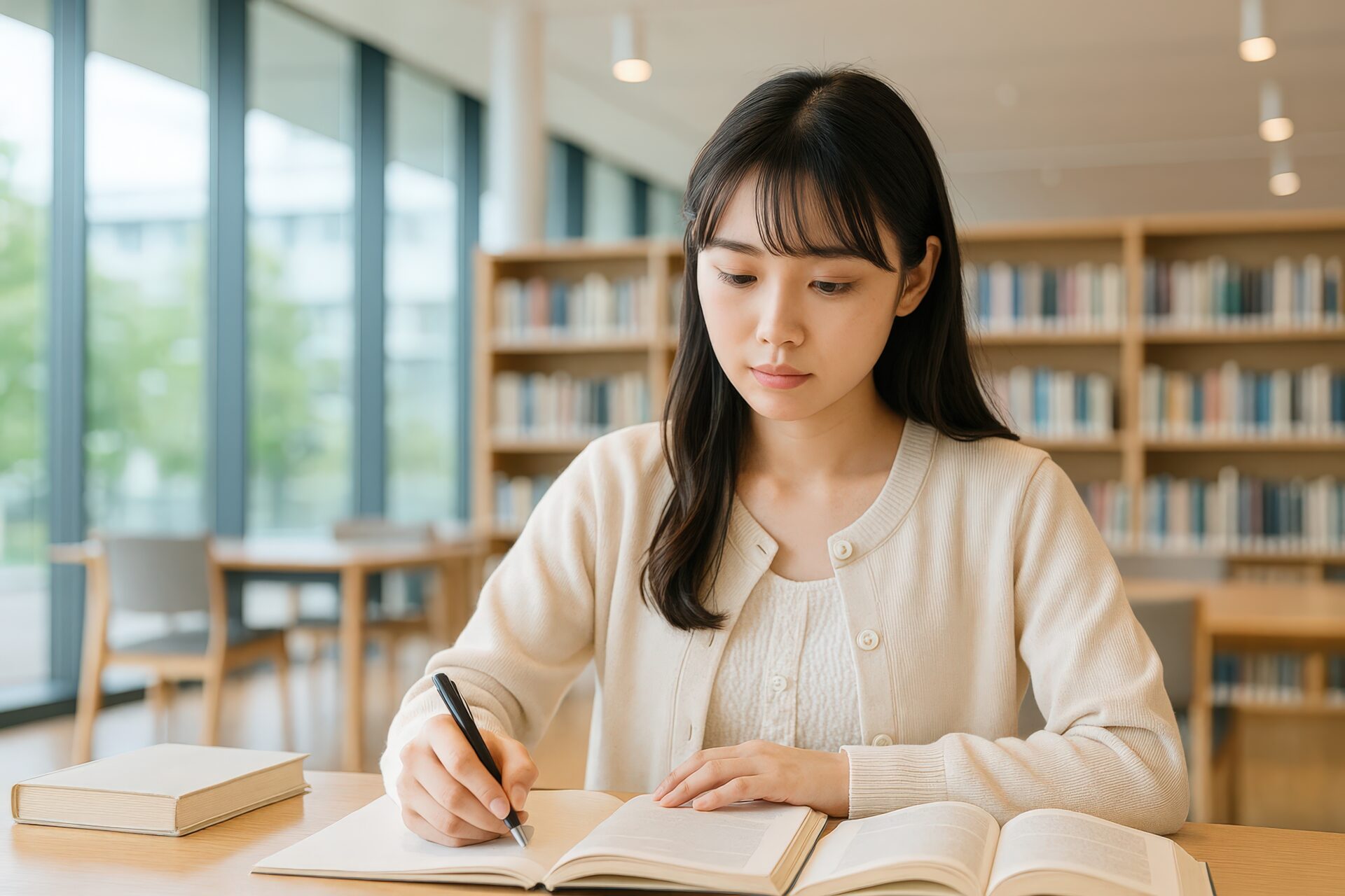 図書館でノートを取る若い女性学生