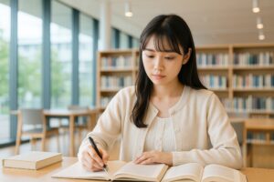 図書館でノートを取る若い女性学生