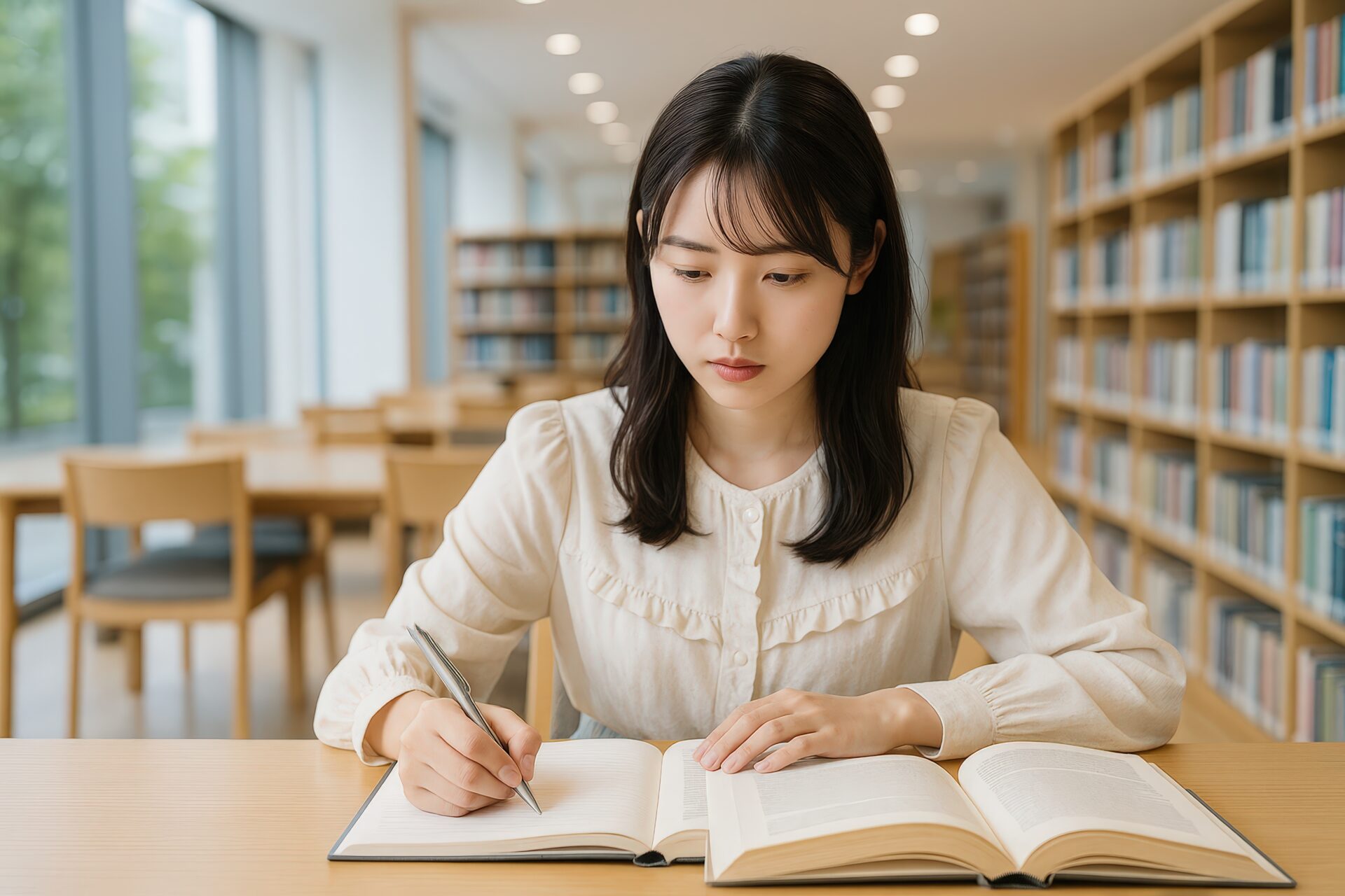 熱心に勉強する図書館の女性学生