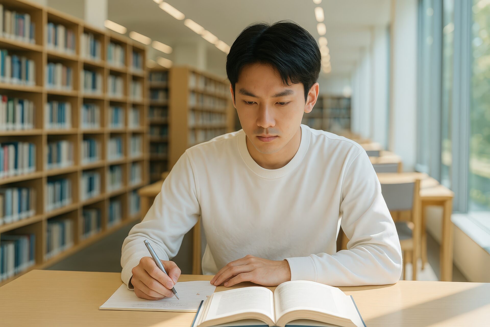 参考書を見ながら学習する男性学生