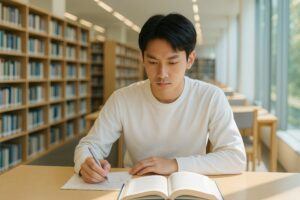 参考書を見ながら学習する男性学生