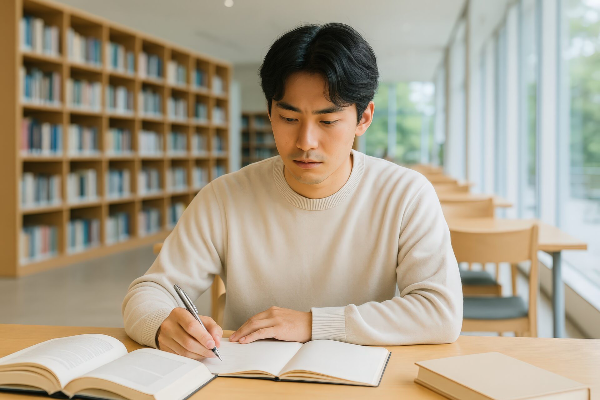 図書館で集中して勉強する若い男性
