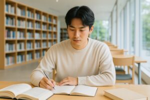 図書館で集中して勉強する若い男性