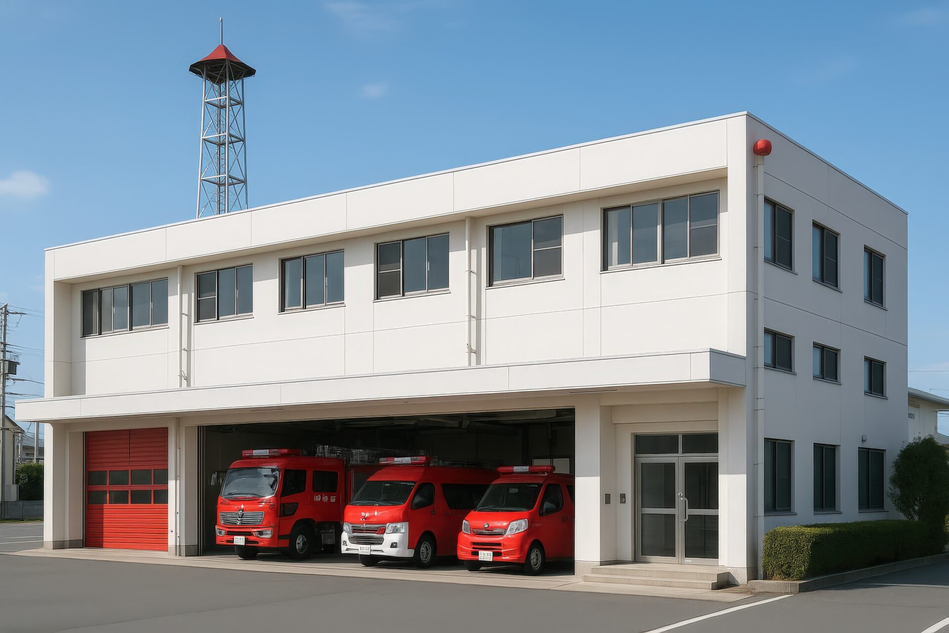 消防車が並ぶ白い建物の消防署外観