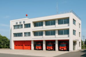 赤いシャッターが印象的な消防署と消防車両