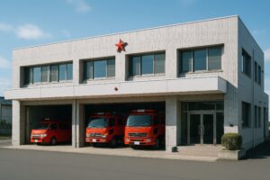 赤い星のマークがある消防署と停車中の消防車