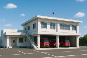 外階段のあるコンパクトな消防署と消防車