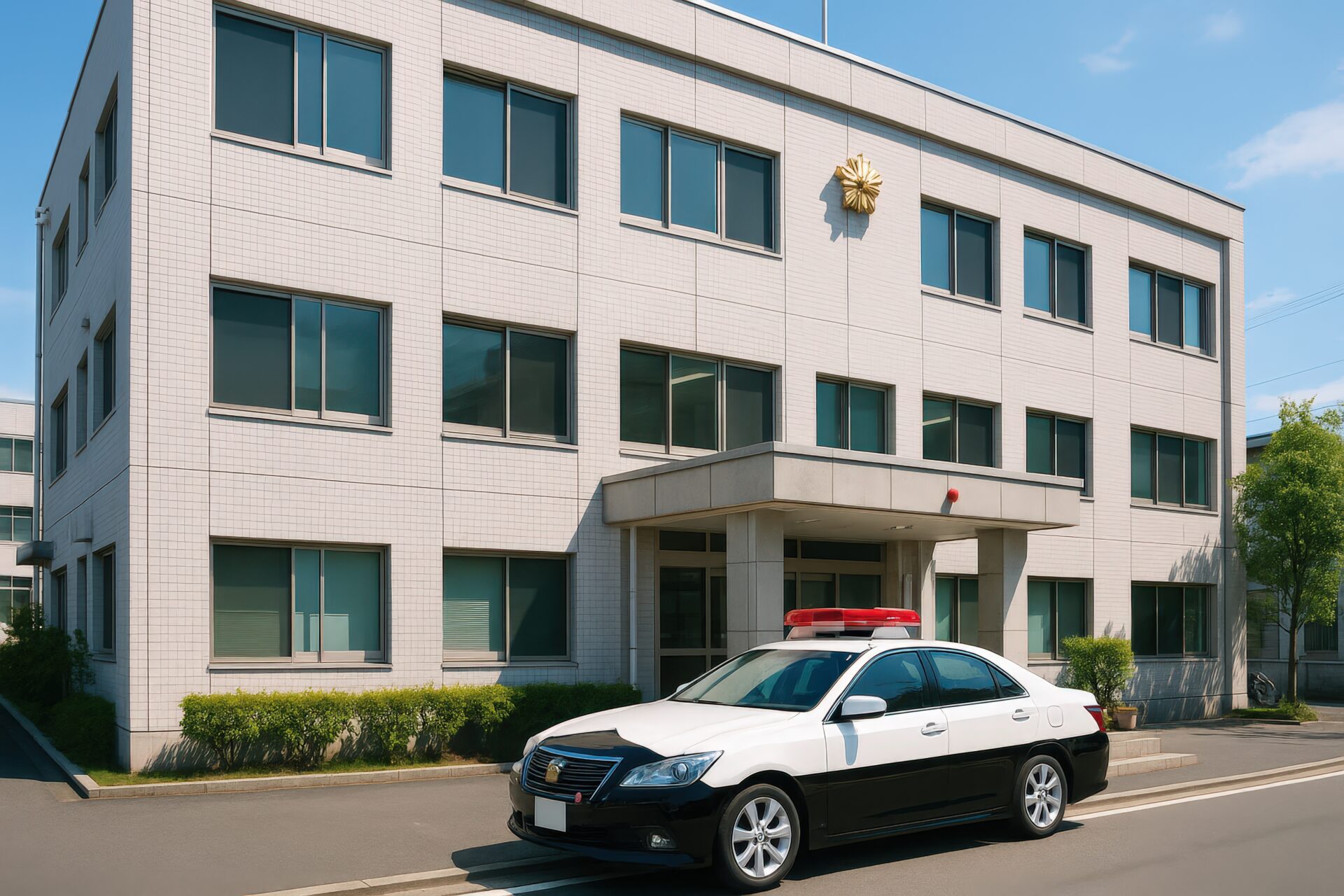 道路沿いに建つ警察署と停車中のパトカー