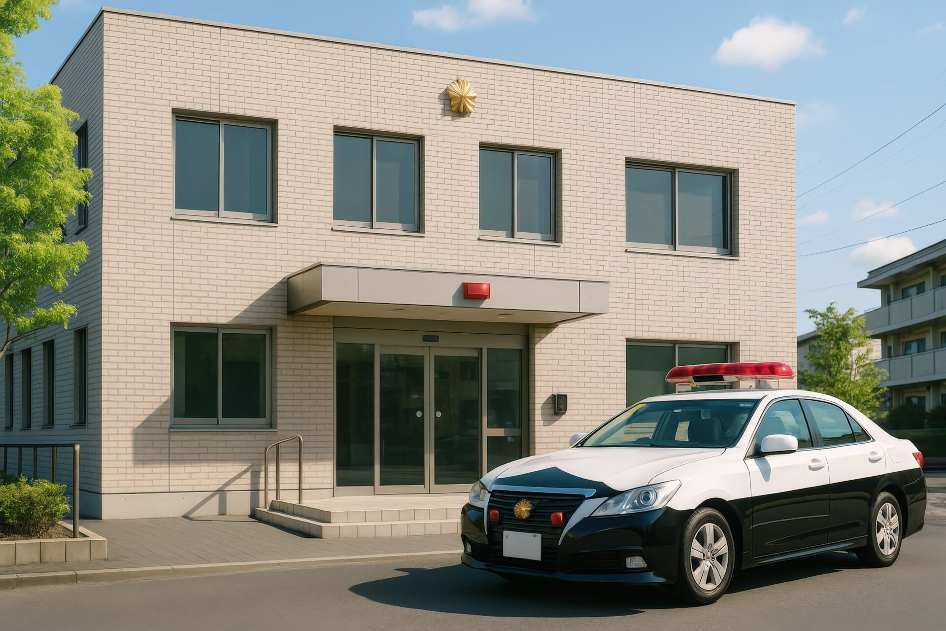 煉瓦調の建物とパトカーがある警察署外観