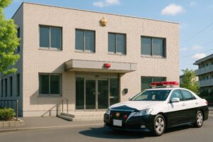 煉瓦調の建物とパトカーがある警察署外観