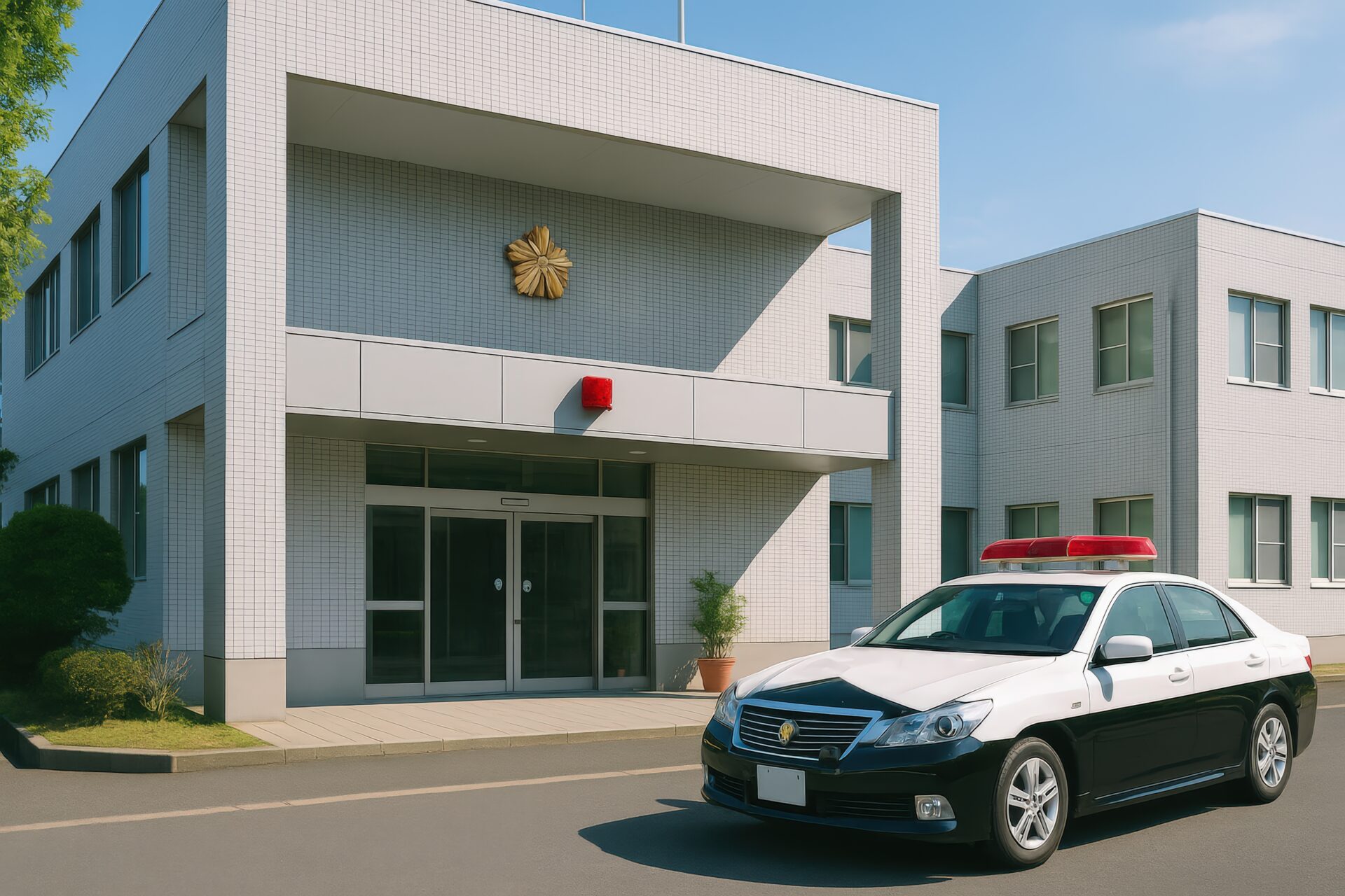 正面入口に赤色灯のある警察署とパトカー