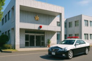 正面入口に赤色灯のある警察署とパトカー