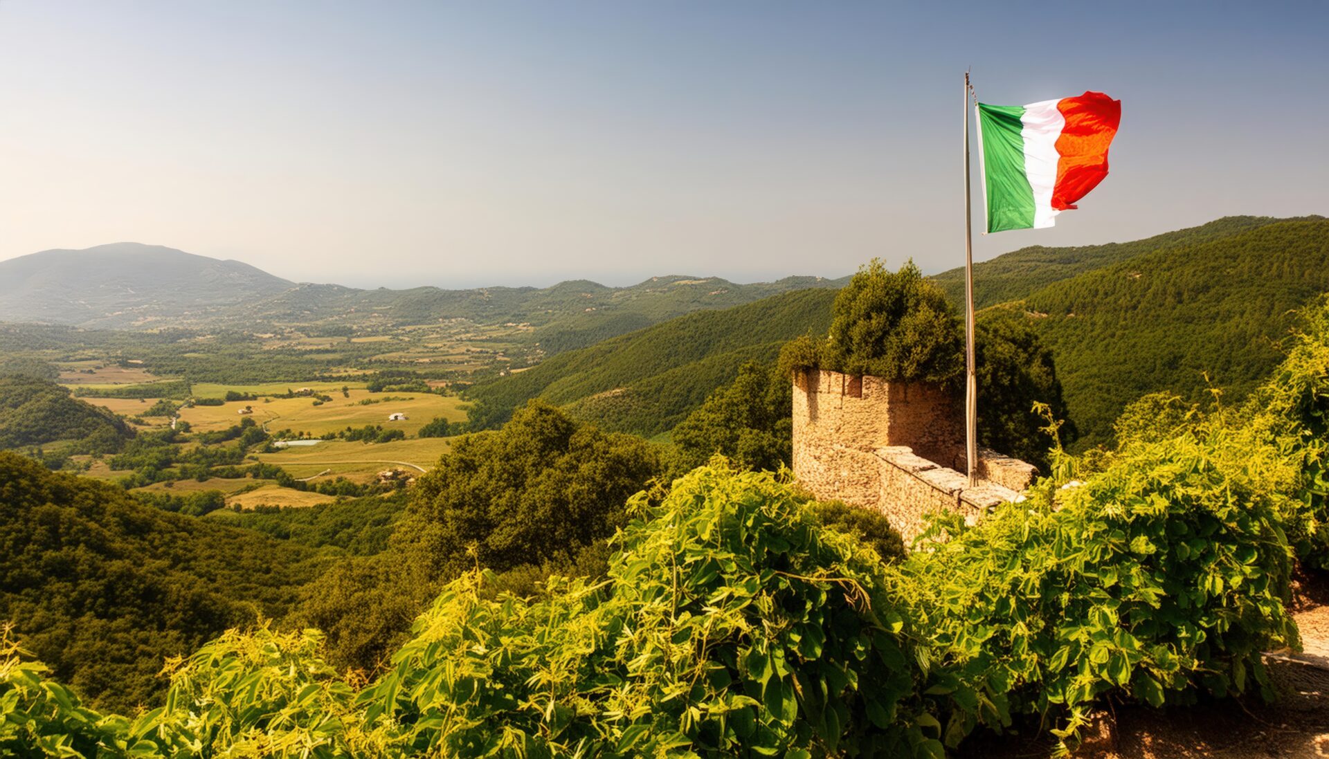 高台の城と共に掲げられたイタリア国旗