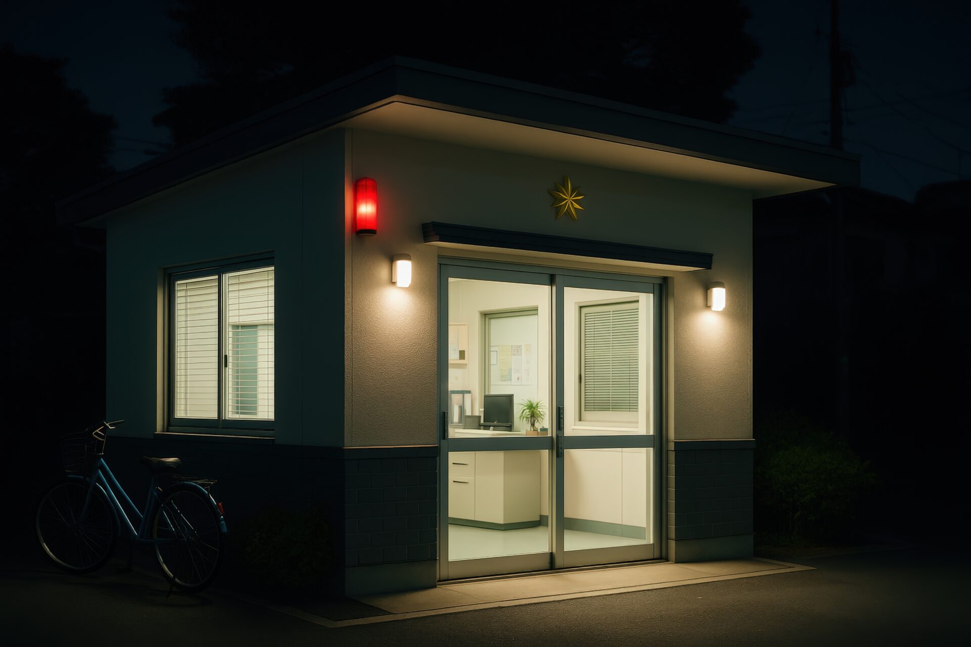 夜間に明かりが灯る静かな交番と自転車