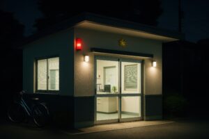 夜間に明かりが灯る静かな交番と自転車