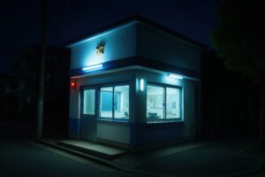 青いライトが印象的な夜の交番外観