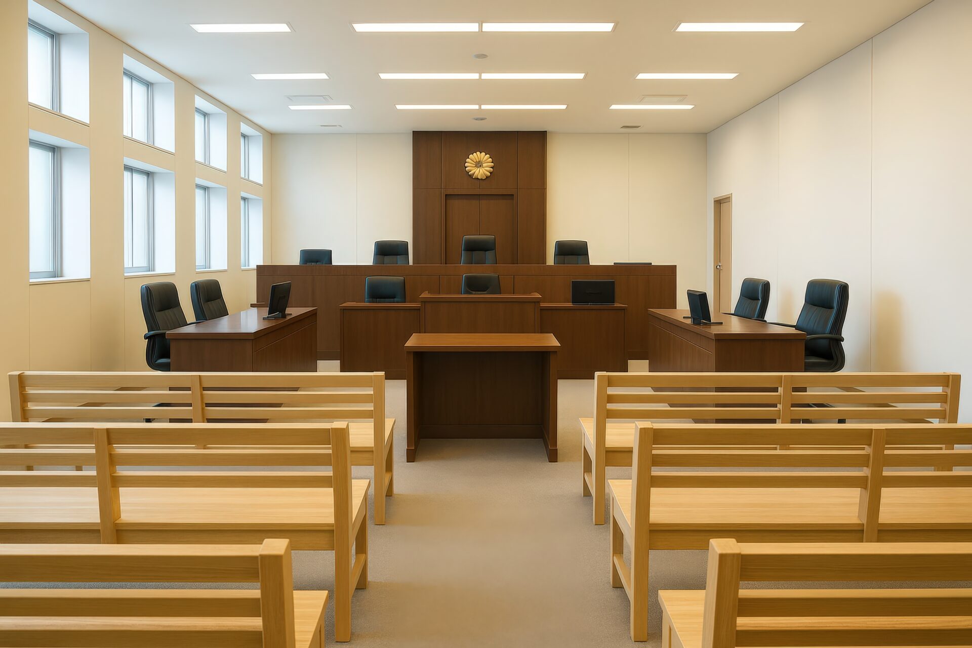 木製のベンチが並ぶ現代的な法廷の内観