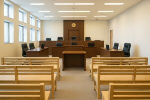 木製のベンチが並ぶ現代的な法廷の内観