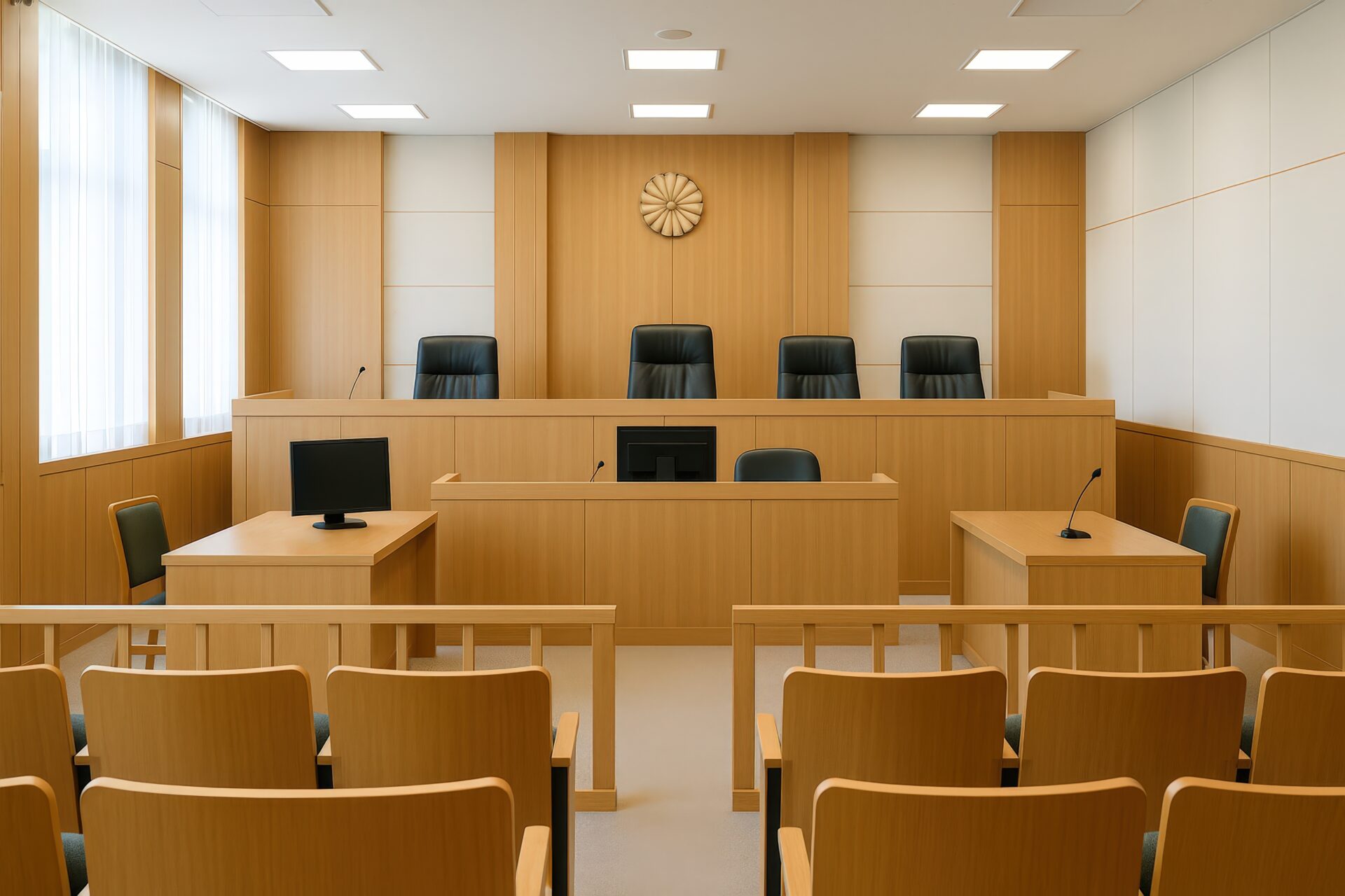 明るい木目調デザインの裁判所法廷