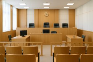 明るい木目調デザインの裁判所法廷