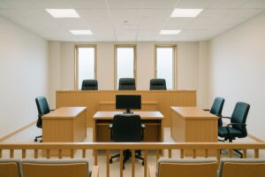 シンプルなレイアウトの小規模な法廷室内