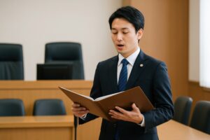 法廷で書類を朗読する若い男性弁護士