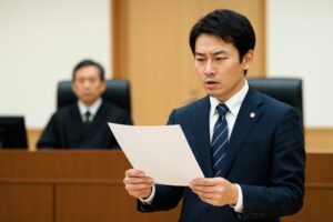 裁判官の前で主張を述べる弁護士の男性