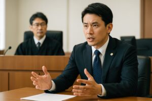 裁判官の前で手振りを交えて話す弁護士の男性