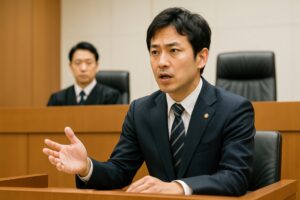 証言台で真剣に話すスーツ姿の男性