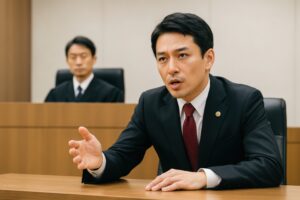証言台で発言する弁護士の男性