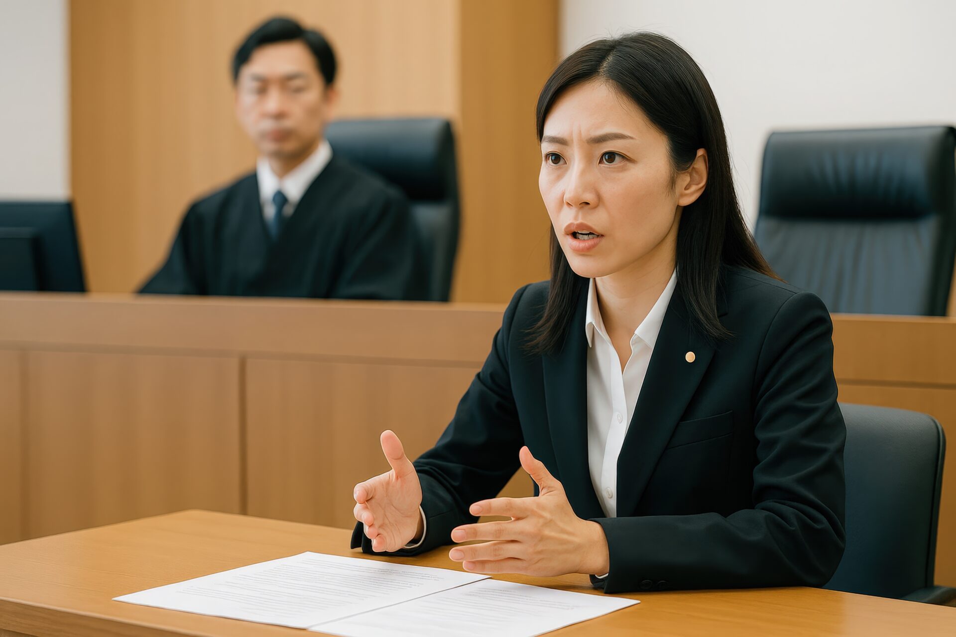 法廷で意見を述べる女性弁護士