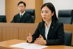 法廷で意見を述べる女性弁護士