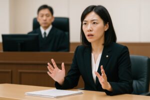 真剣な表情で主張する法廷の女性弁護士