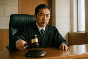 木槌を振り下ろす真剣な表情の男性裁判官