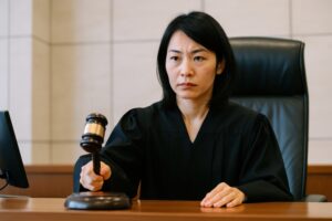 真剣な表情で木槌を構える女性裁判官