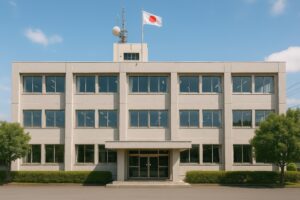 日の丸が掲げられた小規模な市役所の外観