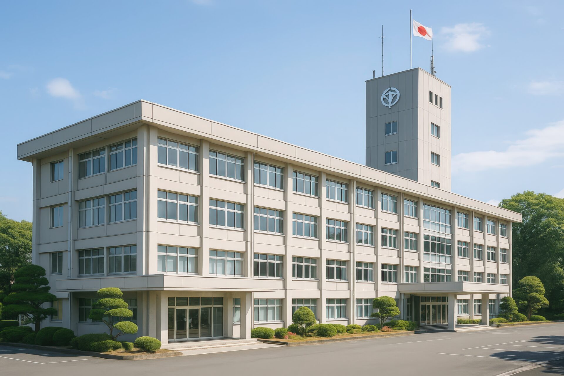 シンボルマーク付きの塔屋が目立つ市役所庁舎